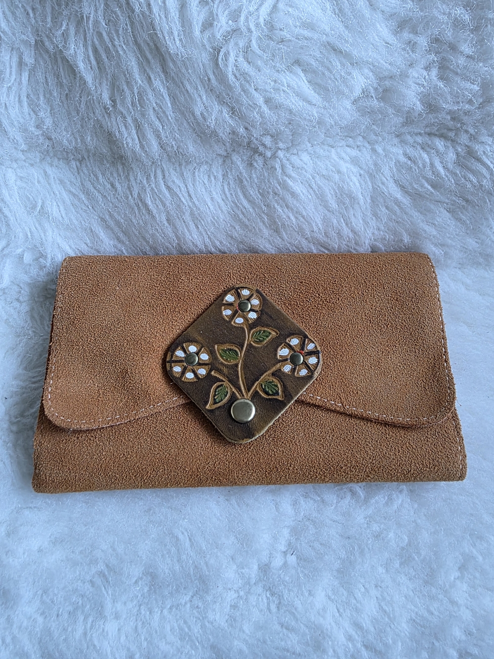Tan Suede Floral Accent Clutch Wallet